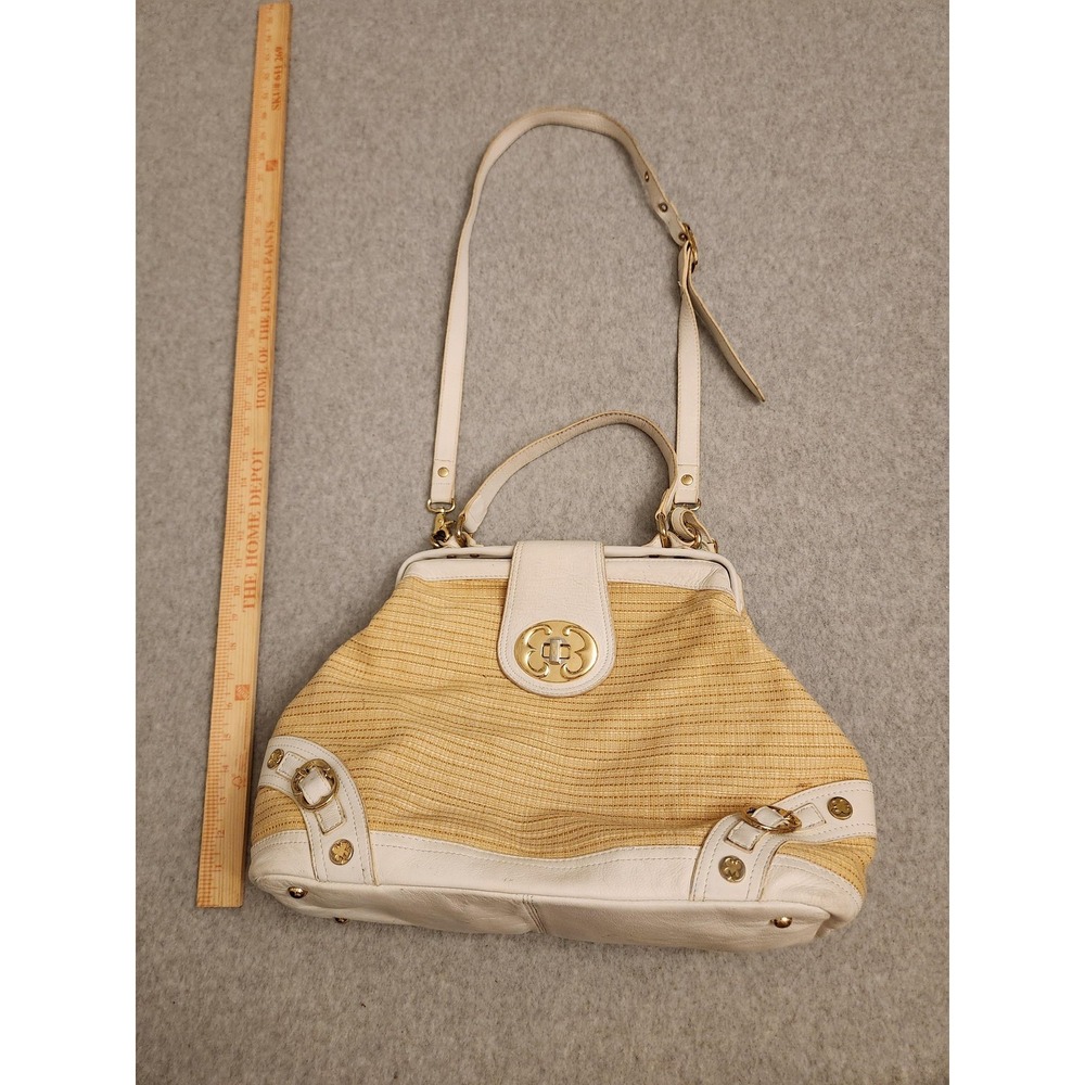 Emma‎ Fox Handbag Womens White Tan Leather Straw Satchel Shoulder Bag Turnlock